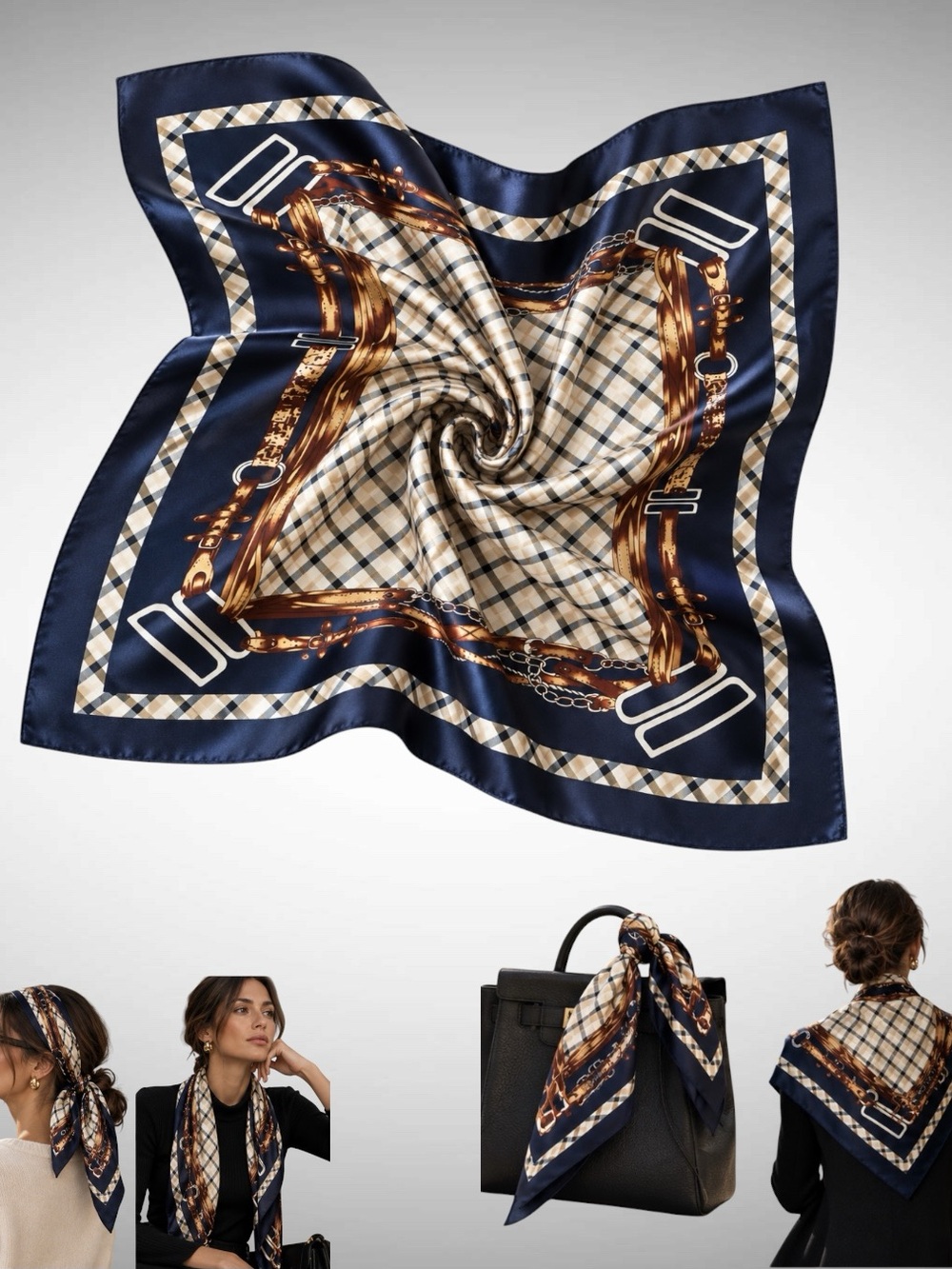 Silk-Feel Navy & Beige Plaid Chain Print Scarf - Women Accessories